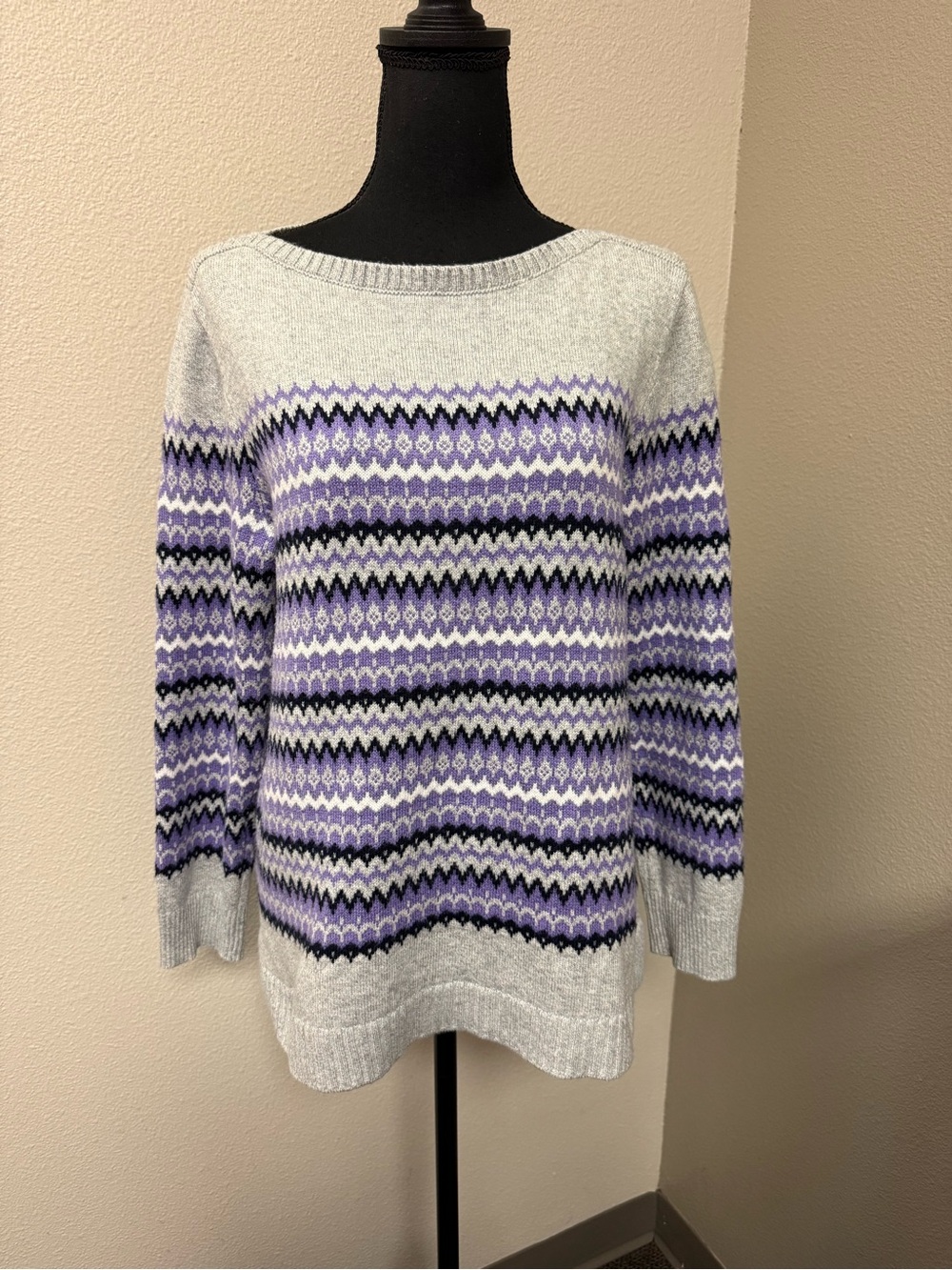 Talbots Fair Isle Sweater Large Purple Gray Soft Knit Winter Cozy Pullover - Picture 2 of 8